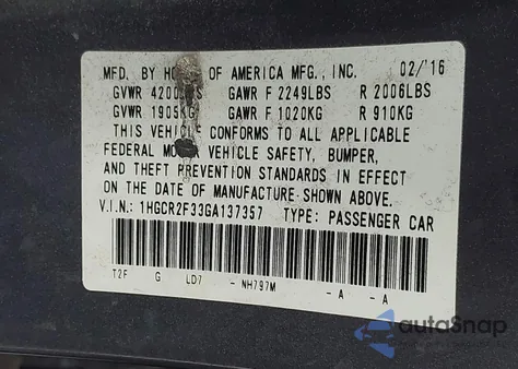 2016 Honda Accord Lx from USA, damaged, VIN 1HGCR2F33GA137357